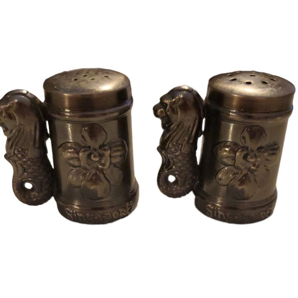 Vintage Pewter Salt And Pepper Shakers Merlion Handle Three Dimensional